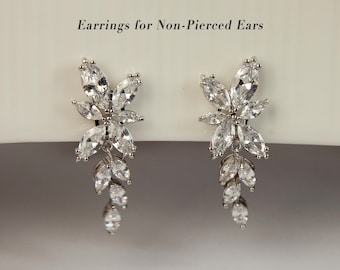 Clip On Diamond Earrings, Mini-Clip Dangle Earrings, Clear Crystal Leaf Dangle and Drop Earrings, Non-Pierced Plant Bridal Wedding Earrings
