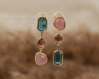 Clip op diamanten edelsteen oorbellen, clip op bungelen oorbellen, kleurrijke kristallen bungelen en drop oorbellen, roze steen doorboord en niet doorboord