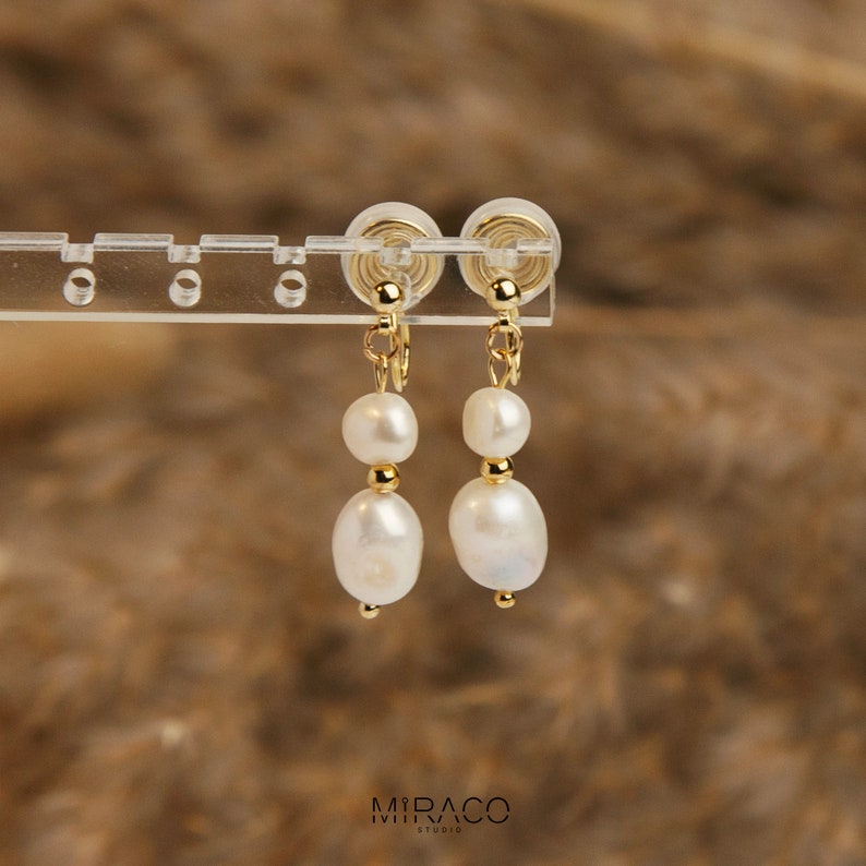 Clip On Pearls Earrings For Women, Non Pierced Dangle Earrings With Double Freshwater Pearls, Irregular Pearls Earrings, Baroque Pearls zdjęcie 3