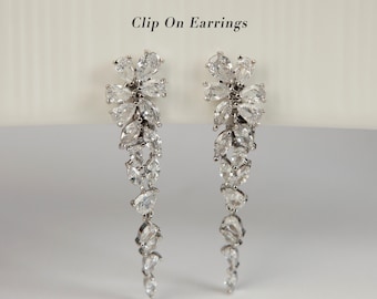 Crystal Statement Clip On Earrings, Chandelier Dangle Earrings, Clear Crystal Leaf Dangle and Drop Earrings, Non-Pierced Wedding Earrings