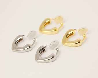 Minimalist Heart Clip On Huggie Earrings, Huggie Hoop Earrings Gold Silver, Everyday Simple Medium Hoops, Invisible Non Pierced Earrings