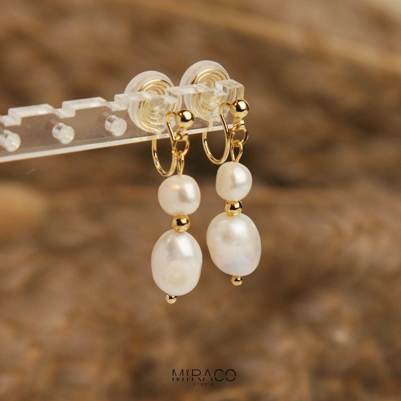 Clip On Pearls Earrings For Women, Non Pierced Dangle Earrings With Double Freshwater Pearls, Irregular Pearls Earrings, Baroque Pearls zdjęcie 2