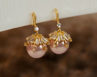 Pink Pearls Dangle Clip On Earrings with Diamonds, CZ Crystals Gold Dangle Pearls Earrings, Non Pierced Earrings, Bridesmaids Jewellery