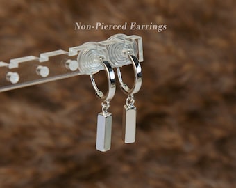 Silver Small Hoop Dangle Earrings with Rectangle Cubes, Invisible Clip On Drop Earrings, Non Pierced Minimalist Silver Clip On Earrings