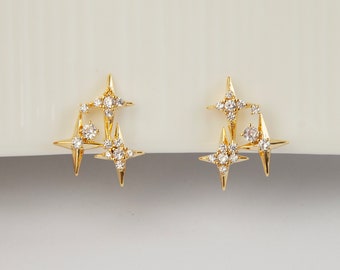 Crystal Star Stud Earrings, Gold Plated CZ Stud Earrings, Four Points Star Earrings, Gold Star Clip On Earrings, Non Pierced Earrings