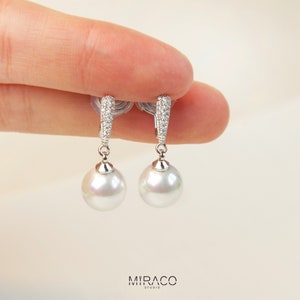 Pearls Dangle Clip On Earrings with Silver Pave Diamond, CZ Crystals Dangle Pearls Earrings, Non Pierced Earrings, Bridesmaids Jewellery image 4