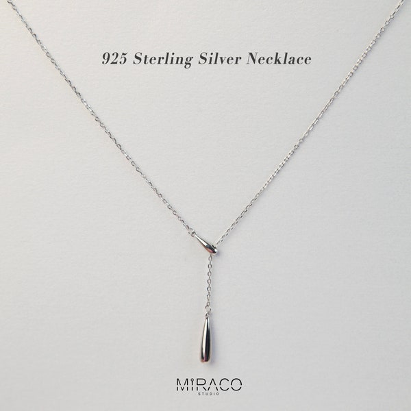 925 Sterling Silver Lariat Necklace, Simple Silver Bar Drop Lariat Gold or Silver Y Necklace, Delicate Minimalist Waterdrop Pendant Necklace