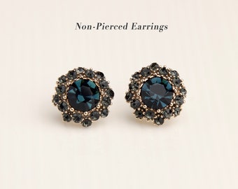Deep Blue Gemstone Clip On Earrings for Women, Blue Diamond Studs Non-pierced Earrings, Clip On Crystal Stud Earring, Purple Gem Ear Clip