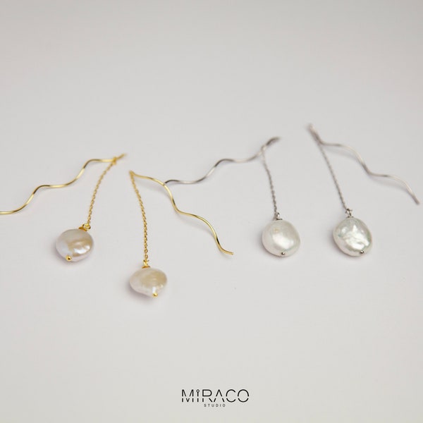 Boucles d’oreilles Sterling Silver Freshwater Pearls Threader, boucles d’oreilles White Coin Pearl, boucles d’oreilles minimalistes Threads, Dangle Véritable perle ronde plate