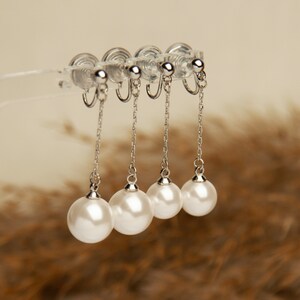 Pearl Dangle & Drop Clip On Earrings, White Pearl Earrings, Drop Pearl Earrings With Silver Colour Long Chain, Coil Back Clip On Earrings image 5