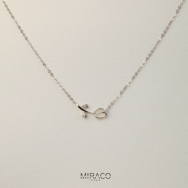 925 Sterling Silver Tulip Necklace, Dainty CZ Tulip Necklace, Tulip Flower Necklace, Minimalist Plant Necklace, Tulip Pendant Gift for Her
