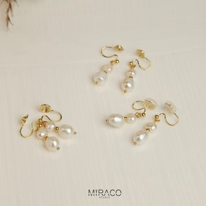 Clip On Pearls Earrings For Women, Non Pierced Dangle Earrings With Double Freshwater Pearls, Irregular Pearls Earrings, Baroque Pearls zdjęcie 5