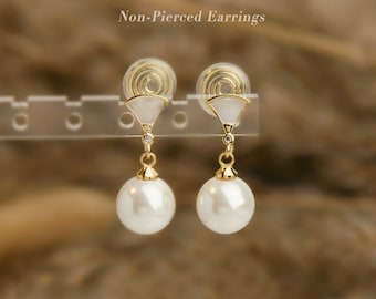 Pearls Dangle Clip On Earrings With Fan Shaped Clip, Mother Of Pearl Dangle Earring, Gold Plated Pearls Non Pierced Earring, Wedding Earring