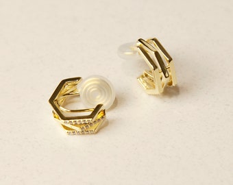 Clip On Stud Hoop Earrings Gold Plated Triple Huggie Earring Elegant Non Pierced Geometric Hoops Comfortable Clip On Earrings with Crystals
