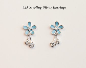 Sterling Silver Blue Flower Dangle Drop Earrings, Dainty Cherry Blossoms Earrings, Light Blue Sparkly Crystals Earring, Gift for her
