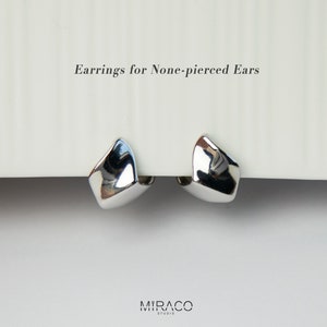 Clip On Invisible Metal Stud Earrings, Modern Minimalist Earrings, Chunky Rhombus Clip On Stud, Non Pierced Earring, Silver Colour Ear Clips