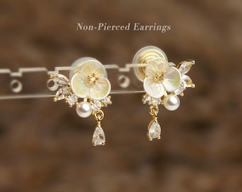 Fairy Cream White Pearl Flower Clip-On Earrings with Small Pearl and Crystal Leaves, Non-pierced Earrings, Wedding Earrings, Bridal Earrings