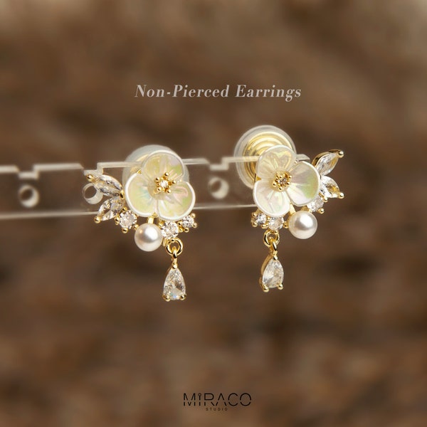 Fairy Cream White Pearl Flower Clip-On Earrings with Small Pearl and Crystal Leaves, Non-pierced Earrings, Wedding Earrings, Bridal Earrings