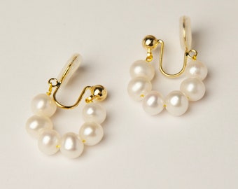 Pearls Clip On Earrings, Clip On Pearl Hoop Earrings, Freshwater Pealrs Earrings, Genuine Pearl Clip On Earrings, Non Pierced Earrings