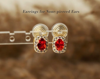 Clip On Earrings with Ruby Rhinestones, Non-Pierced Earrings with Red Gemstones, Red Crystal Stud Earrings with Gold Pave Crystal Diamonds