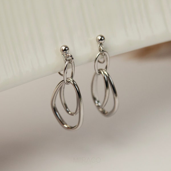 Clip On Dangle Drop Metal Hoop Earrings, Dangle Drop Statement Earrings, Silver Colour Minimal Drop Non-Pierced Earrings