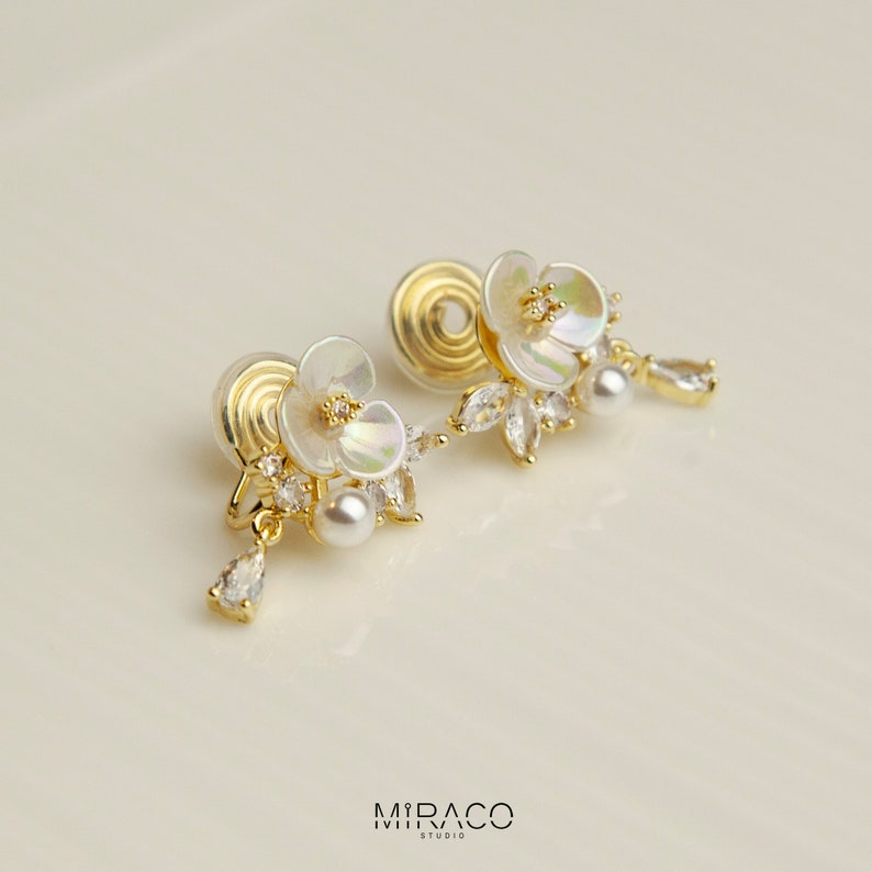 Fairy Cream White Pearl Flower Clip-On Earrings with Small Pearl and Crystal Leaves, Non-pierced Earrings, Wedding Earrings, Bridal Earrings image 6