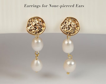 Clip On Pearls Earrings, Non Pierced Dangle Earrings With Double Freshwater Pearls, Genuine Pearls Dangle Drop Earrings with Gold Coin