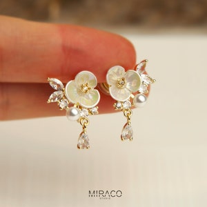 Fairy Cream White Pearl Flower Clip-On Earrings with Small Pearl and Crystal Leaves, Non-pierced Earrings, Wedding Earrings, Bridal Earrings image 2
