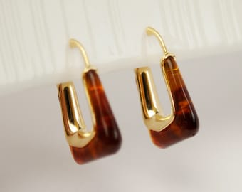 Chocolate-Brown Resin Clip On Earrings, Rectangle Hoop Invisible Coil Back Earrings, Golden Brown Huggie Hoops Non Pierced Clip On Earrings