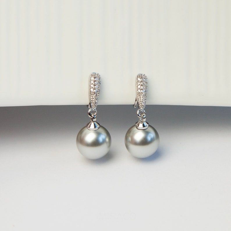 Pearls Dangle Clip On Earrings with Silver Pave Diamond, CZ Crystals Dangle Pearls Earrings, Non Pierced Earrings, Bridesmaids Jewellery Gray