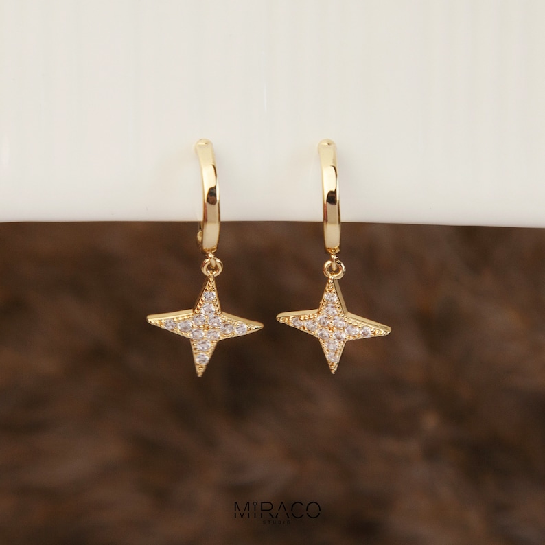 Gold Star Hoop Dangle Clip-On Earrings with Pave Crystal Diamonds Star, 4 Points Star Clip On Earrings, Invisible None Pierced Ear Clips image 5