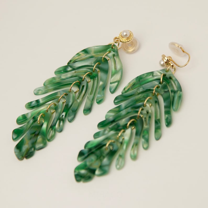 Green Leaf Dangle Drop Clip On Earrings, Large Dangle Plant Clip On Earrings, Non Pierced Drop Earrings Green Chandelier Leaf Earrings spiral coil clip