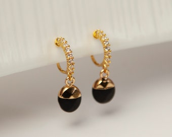 Obsidian Dangle Hoop Clip On Earrings, Black Stone Dangle Earrings, Diamond Hoop Earrings, Gold Balck Obsidian Non Pierced Earrings