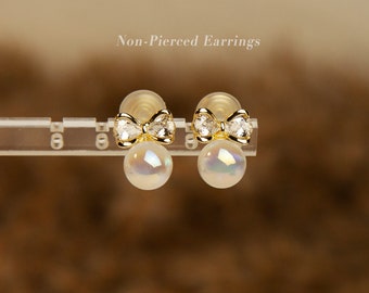 Diamond Bow Tie Pearl Clip On Stud Earrings, Colourful Large Pearls Earrings, Non-Pierced Pearls for Women, Elegant Sparkle Bridal jewellery