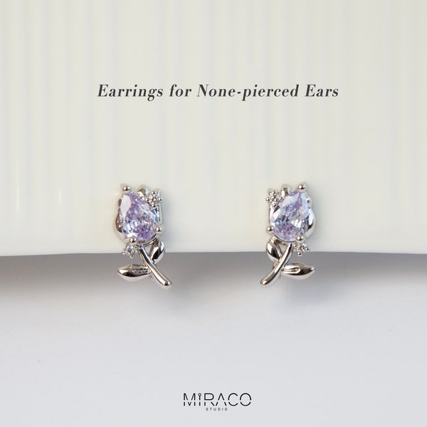 Purple Tulip Diamond Earrings, Silver Flower CZ Stud Earrings, Lilac Gemstone Floral Stud Earrings, Clip On Earrings, Non Pierced Earrings