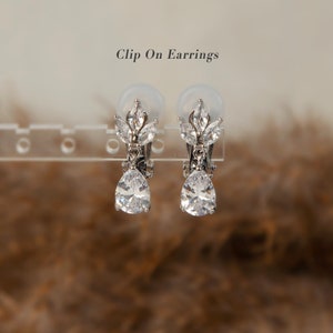 Clip On Diamond Earrings, Crystal Dangle Earrings, Clear Crystal Leaf Dangle and Drop Earrings, Non-Pierced Plant Bridal Wedding Earrings