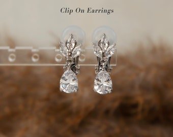 Clip On Diamond Earrings, Crystal Dangle Earrings, Clear Crystal Leaf Dangle and Drop Earrings, Non-Pierced Plant Bridal Wedding Earrings