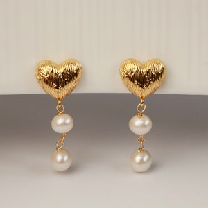 Clip On Dangle Pearls Earrings, Non Pierced Heart Drop Earrings With Double Freshwater Pearls, Genuine Pearls Dangle Drop Earring Gold Heart