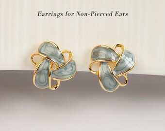 Clip On Stud Earrings Gold-Tone Blue Knot Geometric Earrings, Non Pierced Stud Earrings, Twist Knot Stud Earrings, Medium Blue-gray Studs