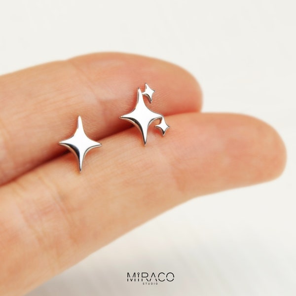 Star Stud Earrings in Sterling Silver, Four Point Star Earrings, Minimalist Earrings, North Star Earring Cartilage Stud, Celestial Earrings