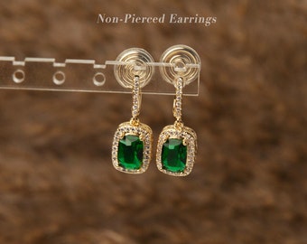 Clip On Earrings with Emerald Rhinestones, Non-Pierced Earrings with Green Gemstones, Dangle Earrings with Gold Pave Crystal Diamonds