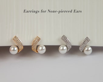 Gold Plated Pearls CZ Stud Clip On Earrings, Crystal Stud Ear Wrap, Pearl Studs With Pave Diamond, None Pierced Ear Climbers, Ear clips