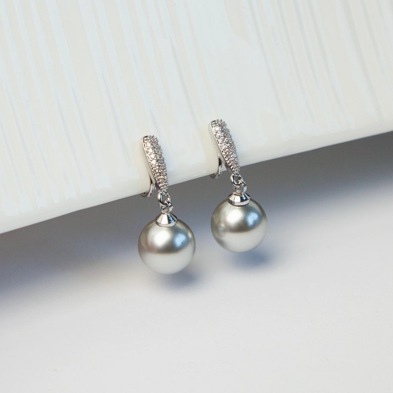 Pearls Dangle Clip On Earrings with Silver Pave Diamond, CZ Crystals Dangle Pearls Earrings, Non Pierced Earrings, Bridesmaids Jewellery image 7