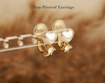 Cream White Heart Clip On Huggie Earrings, Pearls Huggie Hoops, Gold Plated CZ Hoop Earring, No Piercing Earring, Invisible Clip On Earrings