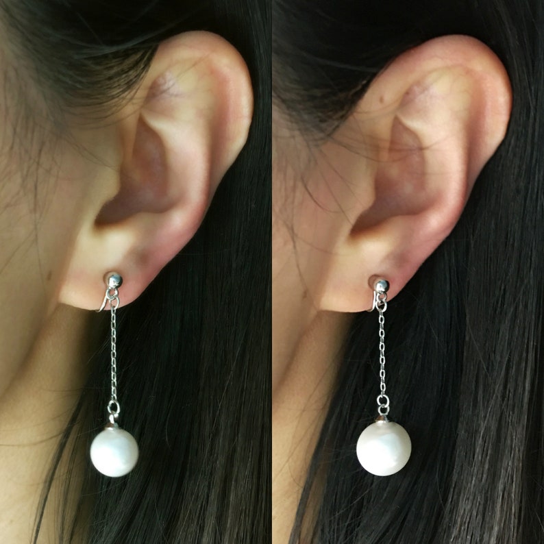 Pearl Dangle & Drop Clip On Earrings, White Pearl Earrings, Drop Pearl Earrings With Silver Colour Long Chain, Coil Back Clip On Earrings image 6