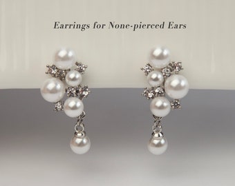 Pearls and Crystal Wedding Earrings, Dangle Drop Stud Earrings Clip On Earrings, Pearls Dangle No Piercing Earrings Bridal Wedding Earrings