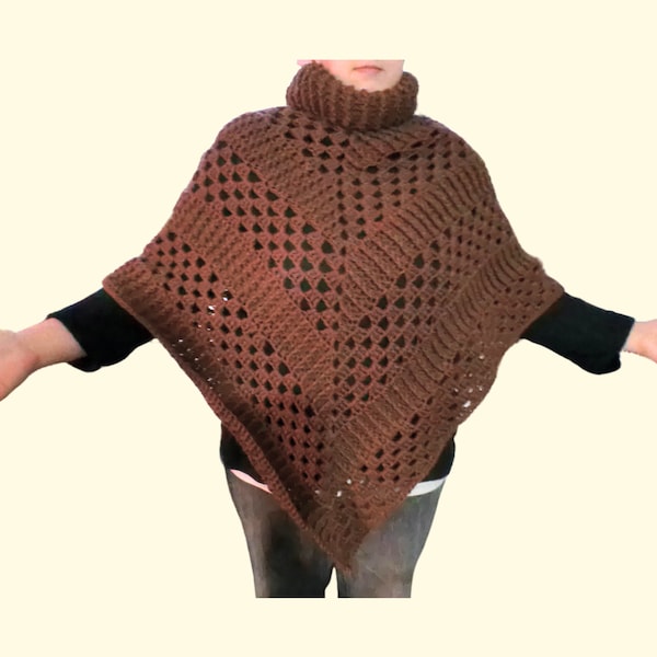 Handmade Crochet Turtle Neck Poncho, Winter Warming Soft Wool top, Onesize Pullover, Extra Protection From The Cold And Wind