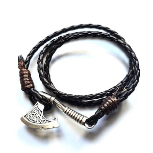 Mens Leather Viking Axe Bracelet Double Wrap Bracelet