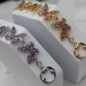 18K Gold Butterfly Bracelet: Light Purple Rhinestone Toggle Clasp