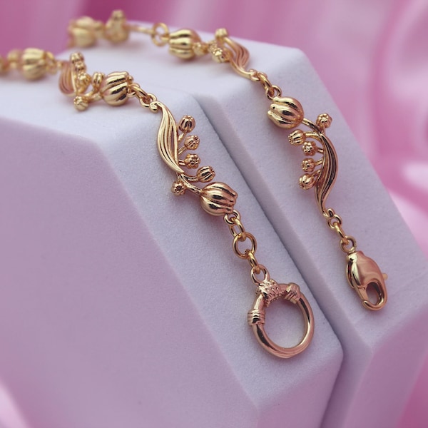 18K Gold Plated Lily of the Valley Bracelet: 3D Link, Toggle or Lobster Clasp.